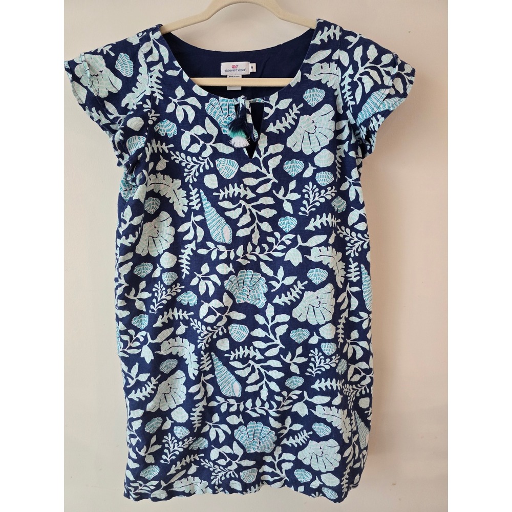 Vineyard Vines Womens Dress Linen Cotton Blue White Seashell‎ Print Medium
